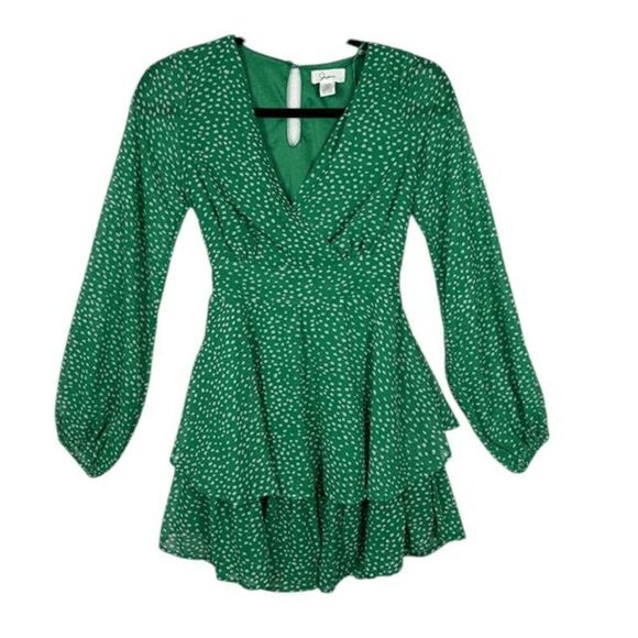 Japna Tiered Mini Dress Puff Sheer Sleeves Elastic and Tie Waist Green Size XS - Picture 1 of 14